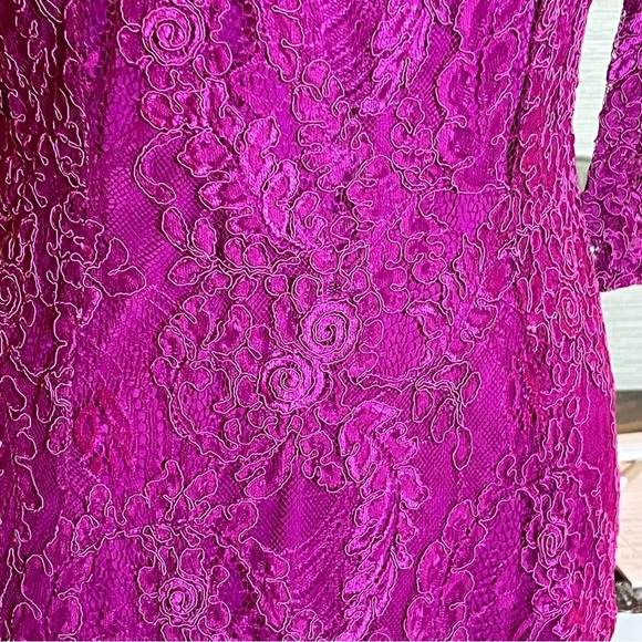 Carmen Marc Valvo Botanical Berry Pink Sheath Dress 10 Lace 3/4 Sleeve Cocktail - Picture 5 of 9
